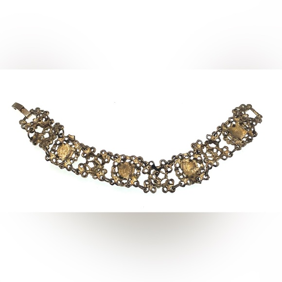 Vintage Gold Tone Ornate Scroll Design Panel Linked Cabochon Gems - Picture 8 of 11